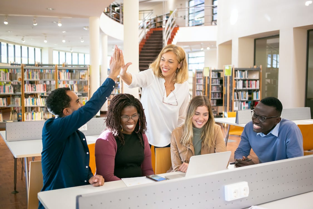 A group of US students studying in a library