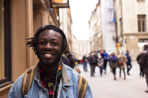 a student walking down the street