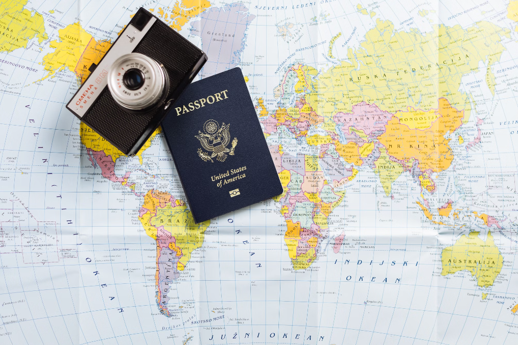  A vintage camera and a passport.