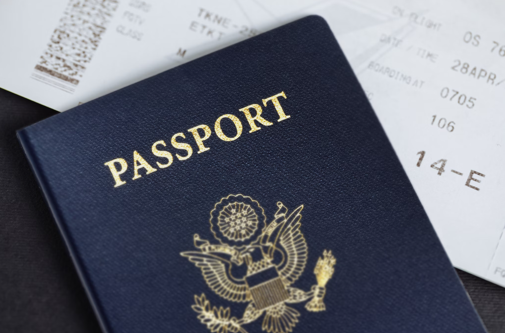 A US passport with a boarding pass.