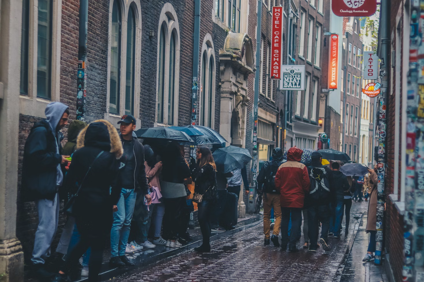  A passport agency with people waiting in line