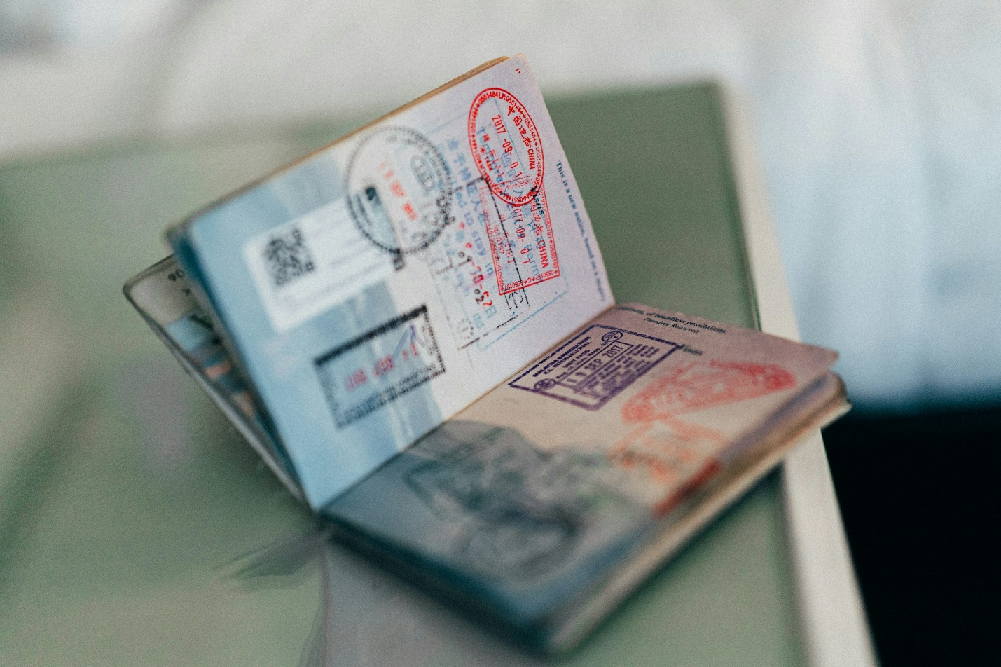 An open passport laying on the table. 